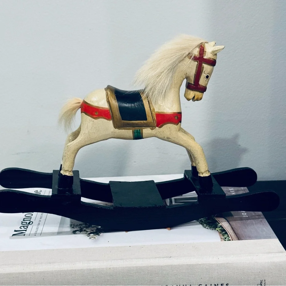 Vintage Carousel Rocking Horse 1940s Carved Wood Hand Painted Real Fur